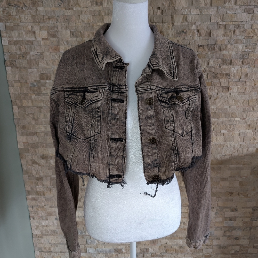 Distressed Brown Cropped Denim Jacket Raw Hem Grunge Indie Street Sz L Acid Wash